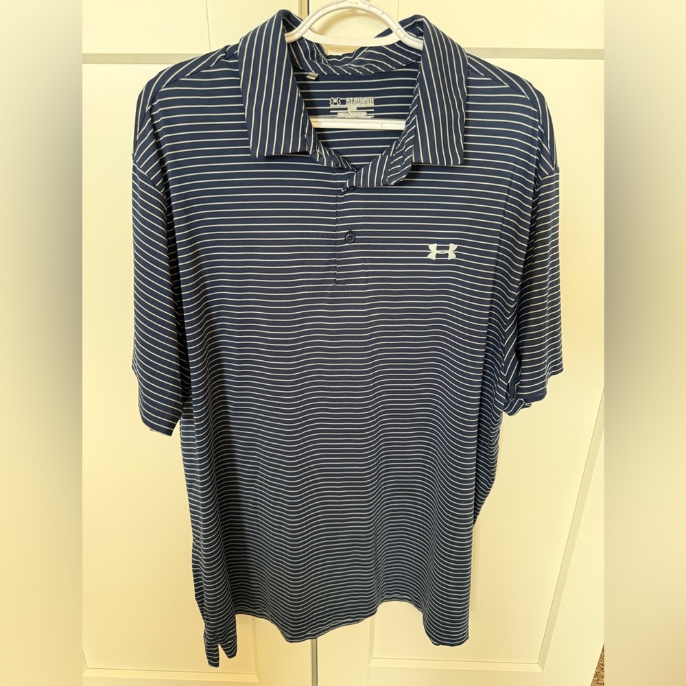 Under Armour Polo, 2XL, Blue/Gray Striped